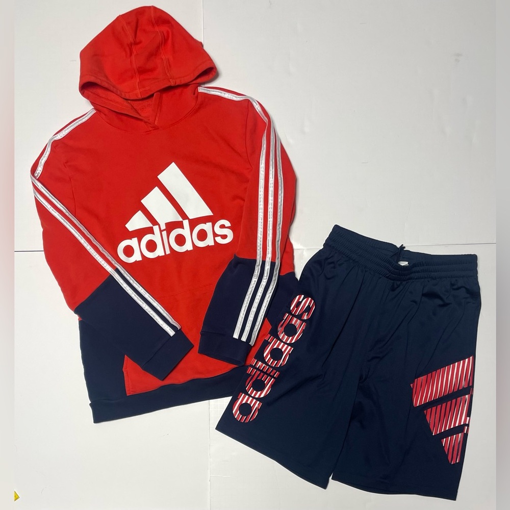 Adidas Tomato Red Navy Sweatshirt and Matching Athletic‎ Shorts Boys XL 18-20